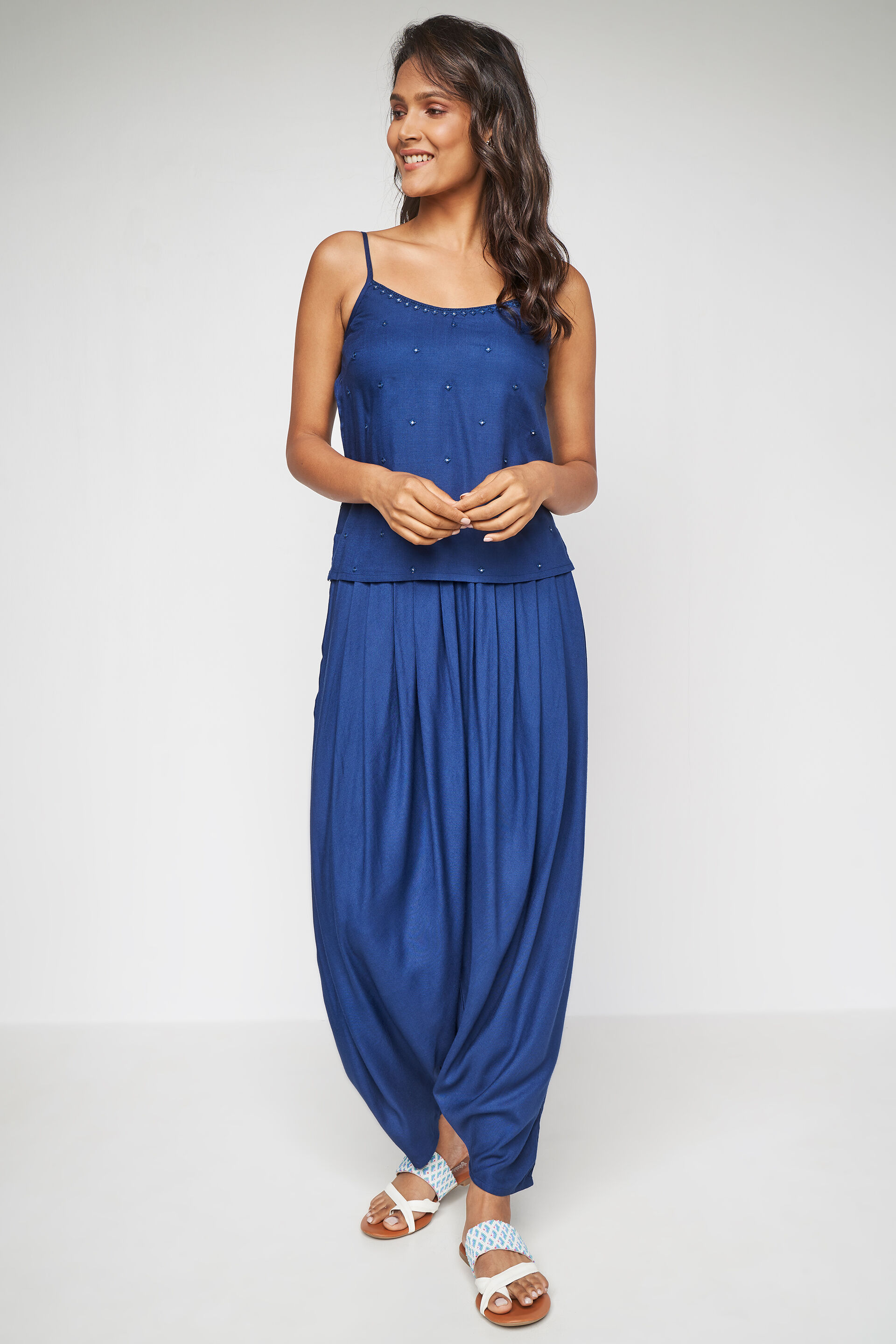 Blue Floral Top Dhoti With Overlay 3P Suit Set, Blue, image 5